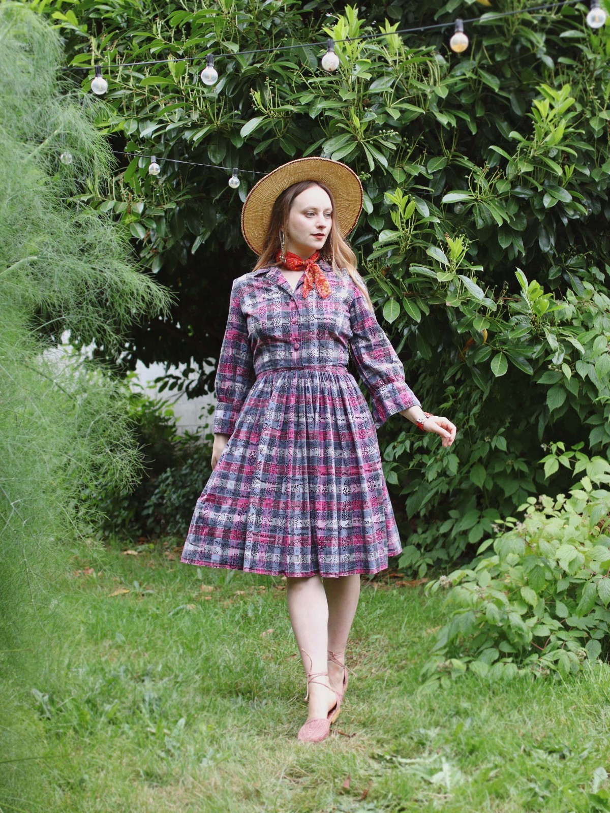 VTG 1950s Shirt Dress Madras Plaid Cotton Indian Tapestry Block printed Collared