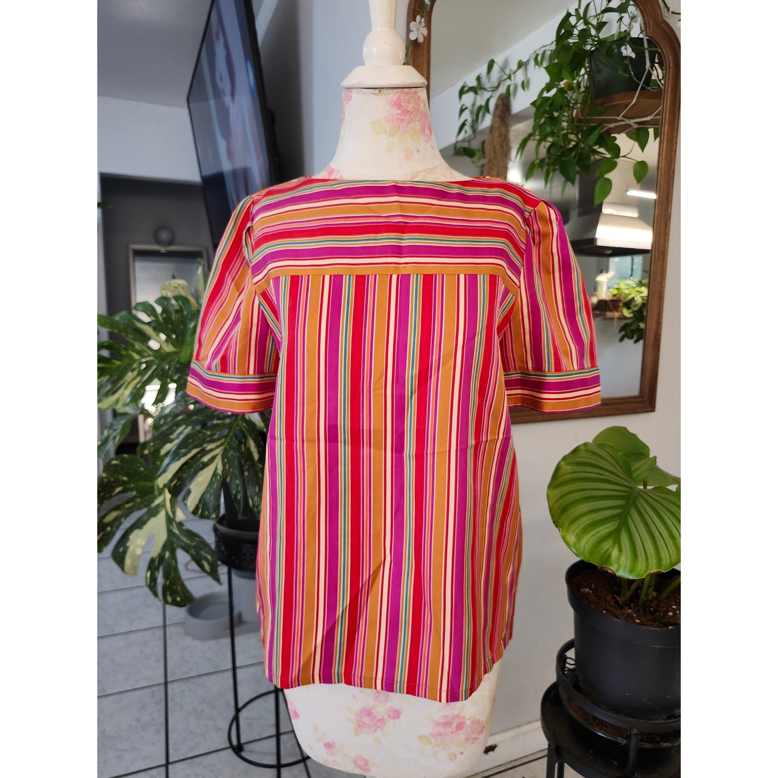 Vintage Yves Jennet Multicolor Stripe Blouse S/M Retro Colorful Statement Top