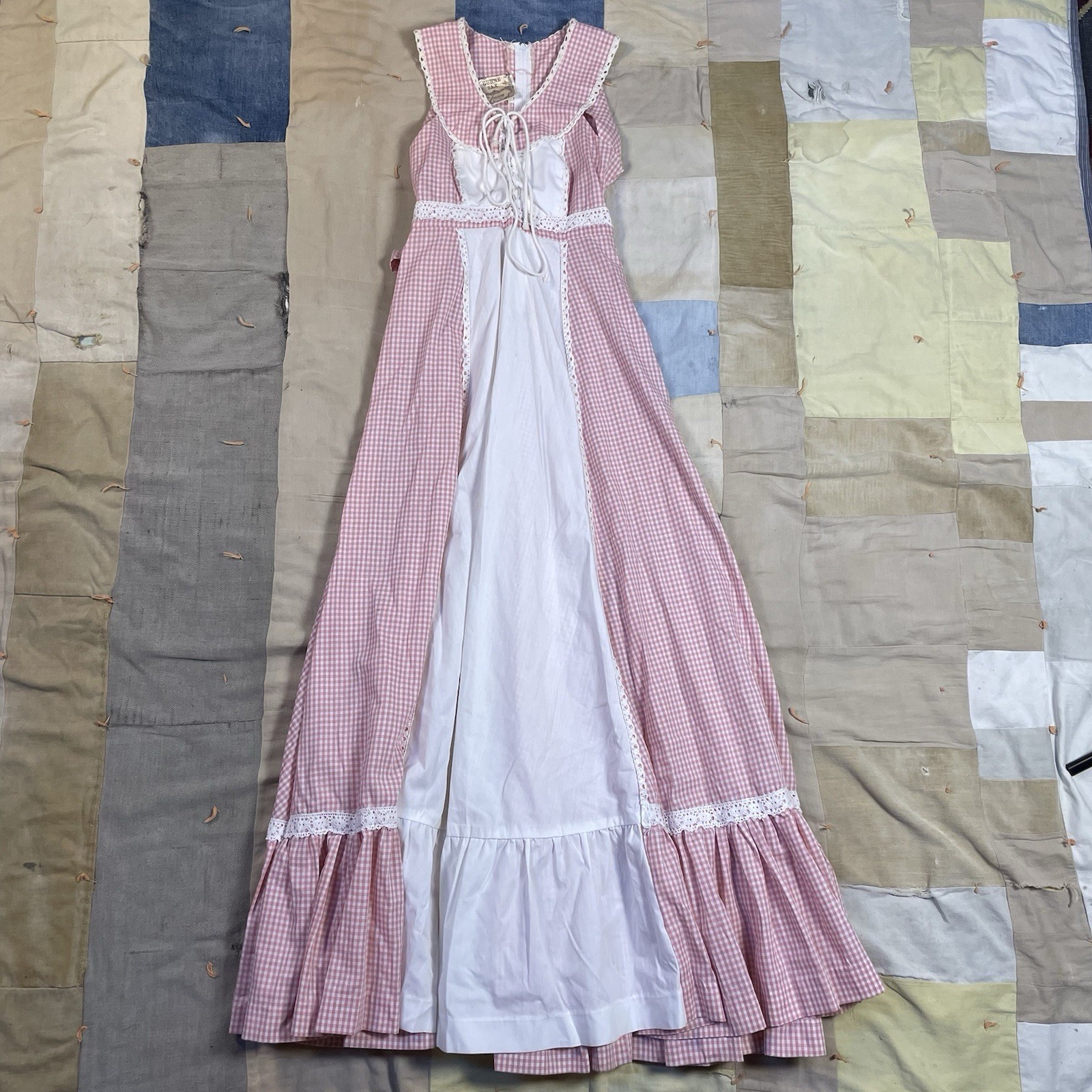 Vintage Gunne Sax Gingham Plaid Pink Dress Maxi Lace Small Cottage Coquette