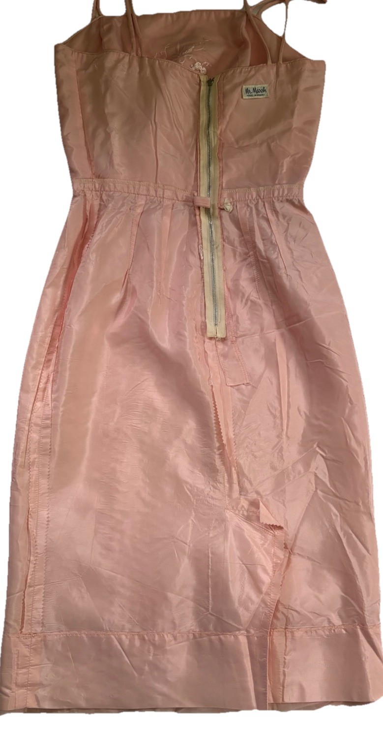 Vintage Pink Embroidered Organza Wiggle Dress Pin-Up Tiki Rockabilly XS Flawed
