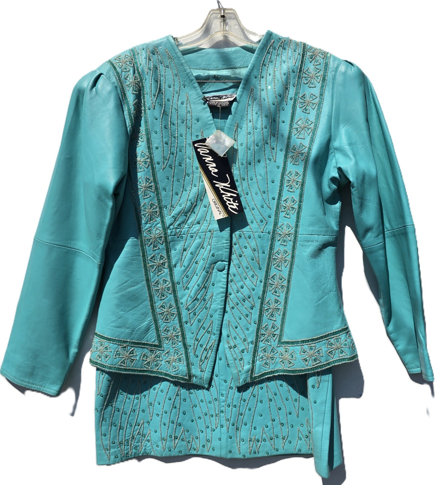 Vanna White Original Beaded Turquoise Leather 1980’s vintage Suit New W/Tags