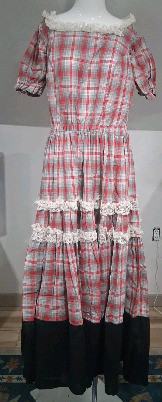 Vtg Rodeo Plaid Peasant Prairie Dress 70s Maxi Lace Pilgrim Hippie Western L