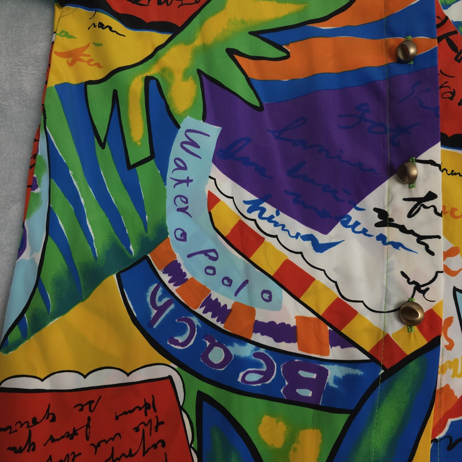 Vtg Bold Colorful Blouse 1980s Travel Novelty Print USA Med Lrg Big Button Silky