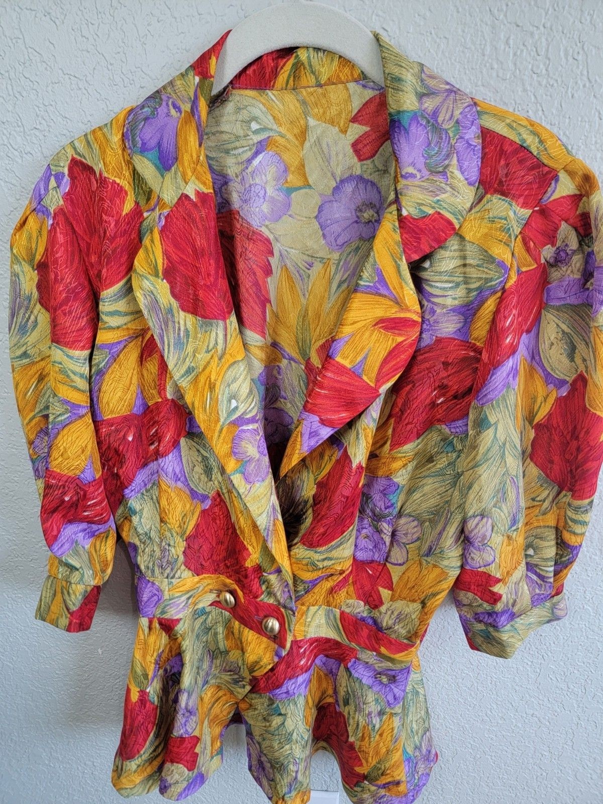Vintage 80s 90s Floral Peplum Blouse Jacket Bold Abstract Print Gold Button Top