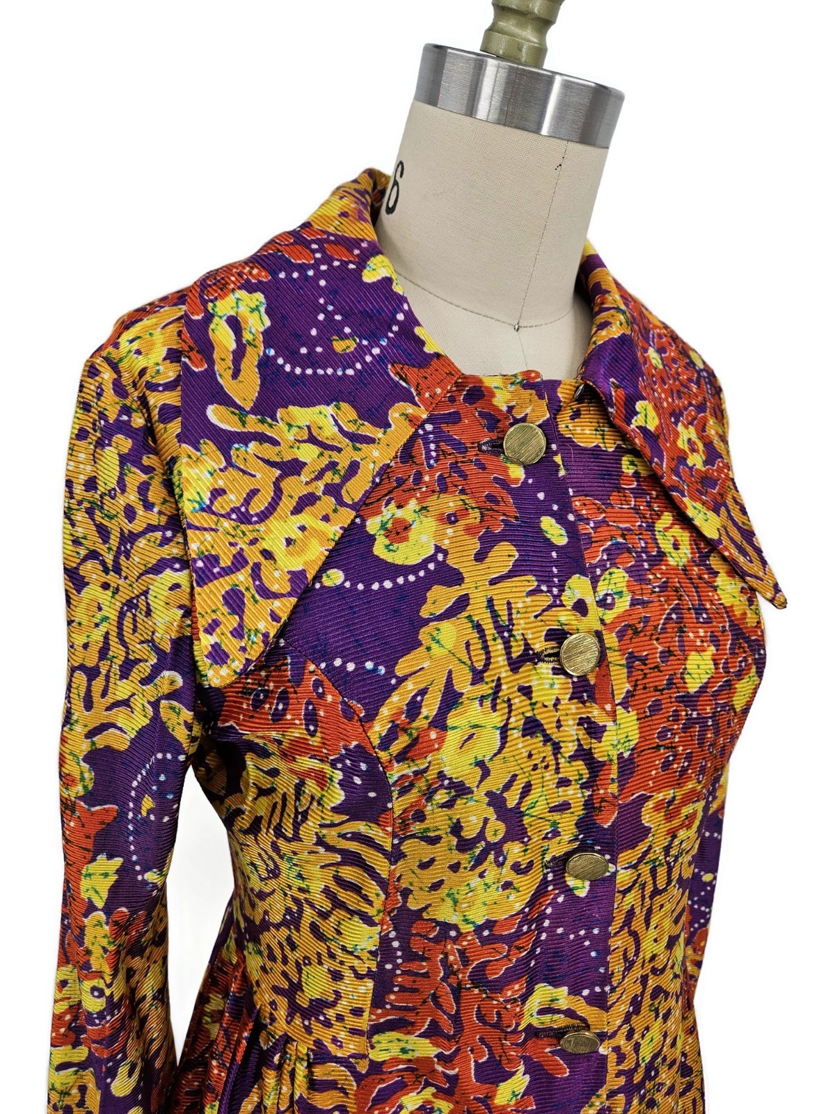 VTG Joseph Magnin Mod Mini Dress Womens 11 Long Sleeve Floral Large Collar