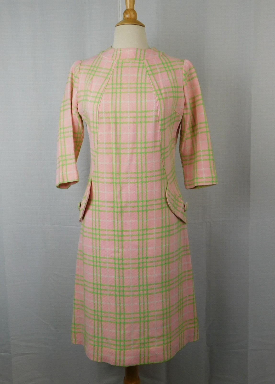 VTG 60s Mod Dress Womens Pink Lime Green Plaid Handmade Wool Knit Twiggy Gogo