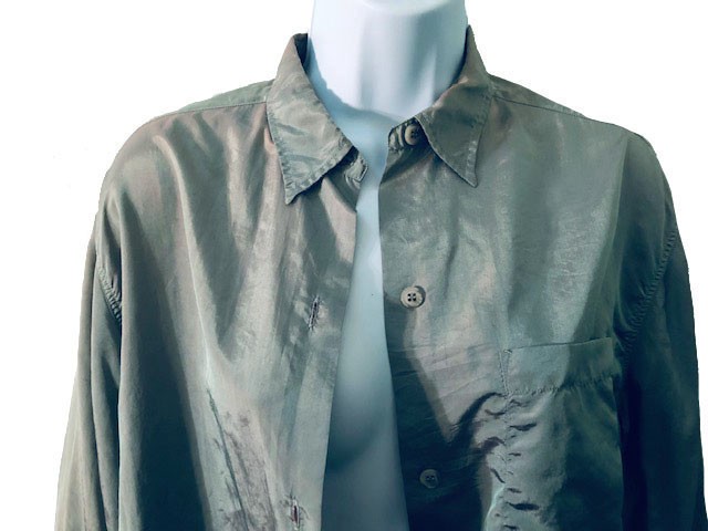 Agnes B Rare Vintage iridescent gray Green Collar Long Sleeve Top Blouse Shirt M