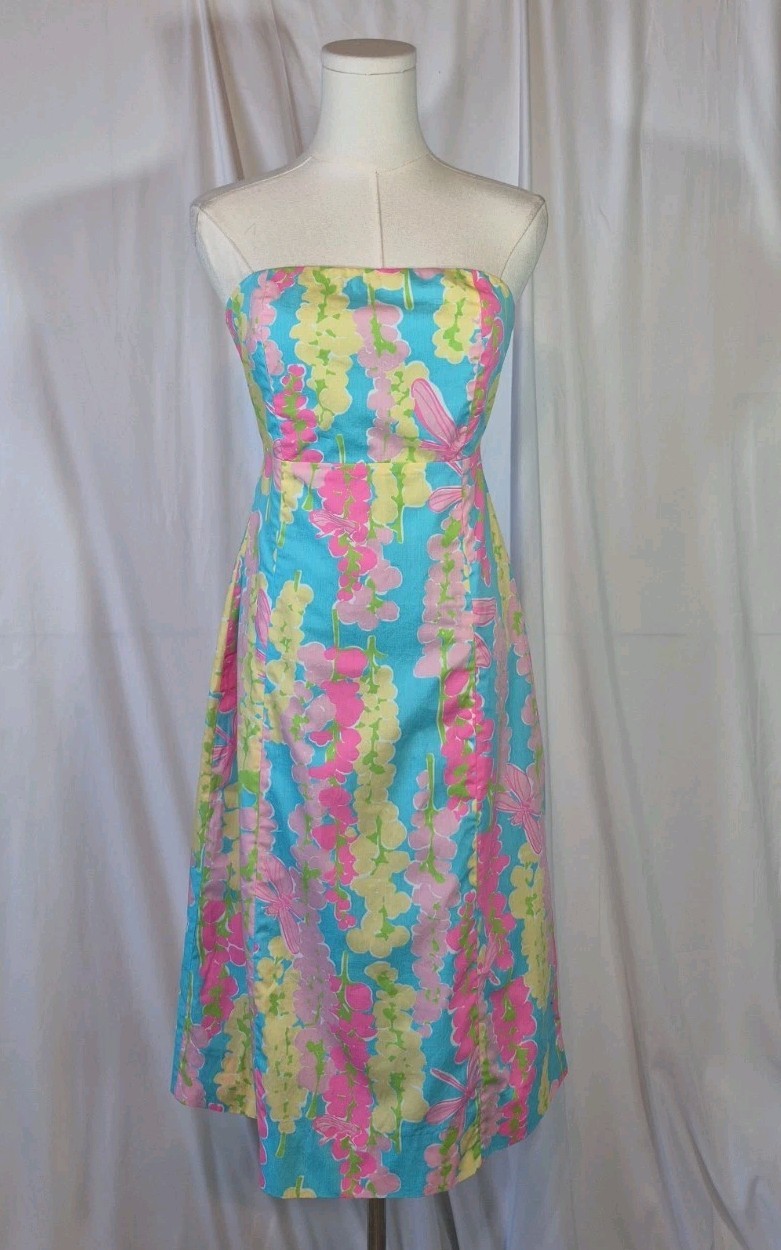 Vintage Lilly Pulitzer Snappy Dragonfly Strapless Dress Blue Pink US 2