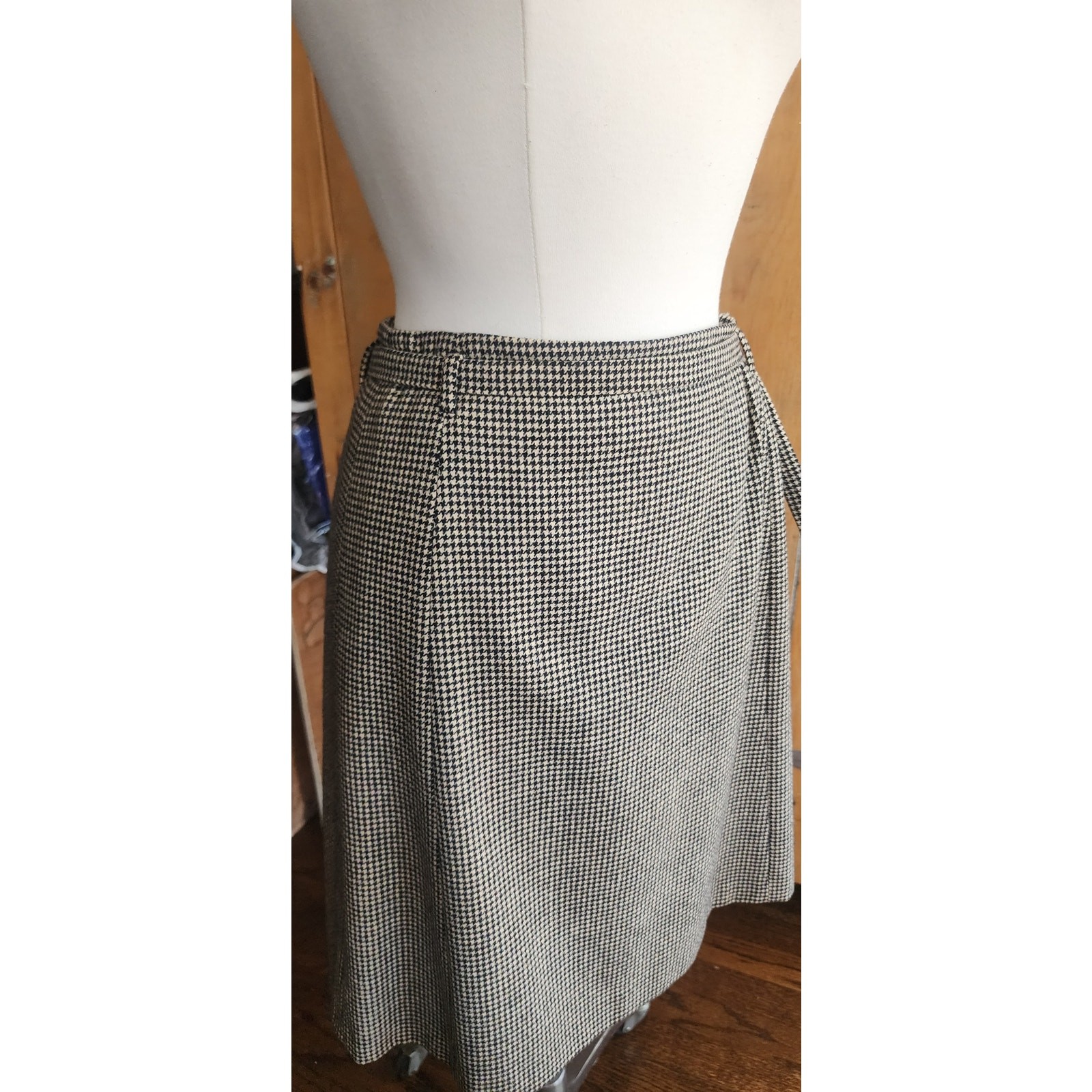 Vintage Dries Van Noten Skirt Gray Houndstooth Wool Knee Length Belt Sash Medium