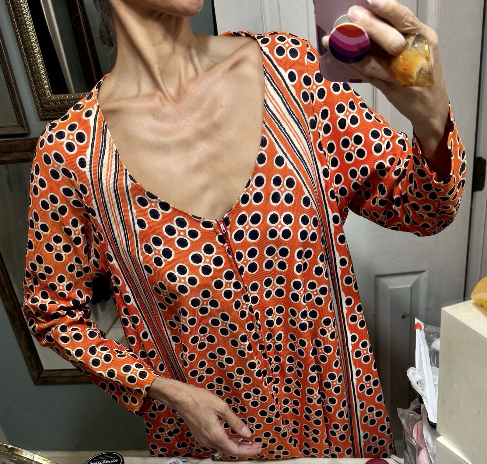 Vtg 60s 70s Orange Navy Caftan Maxi Hostess Dress Gown Plunge Zipper Pocket Pop
