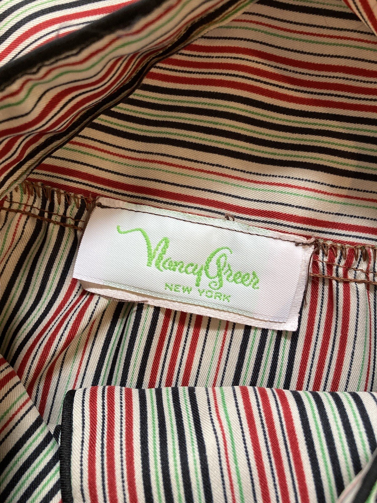 Vtg 70s Nancy Greer Striped Shirt Dress Tan Black Red Green 28 in Waist Small