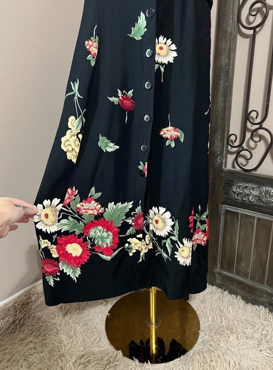 Vintage 90s Black Floral Button Down Tank Dress Cottagecore Boho Grunge Size L