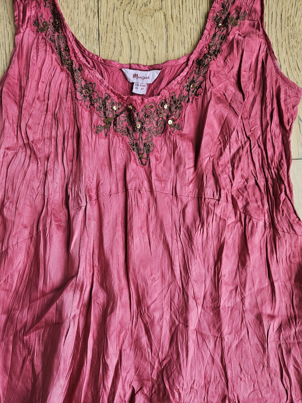 VTG Y2K Monsoon 100% Silk Embellished Rhinestone Bias Cut Cami Top And Skirt Set