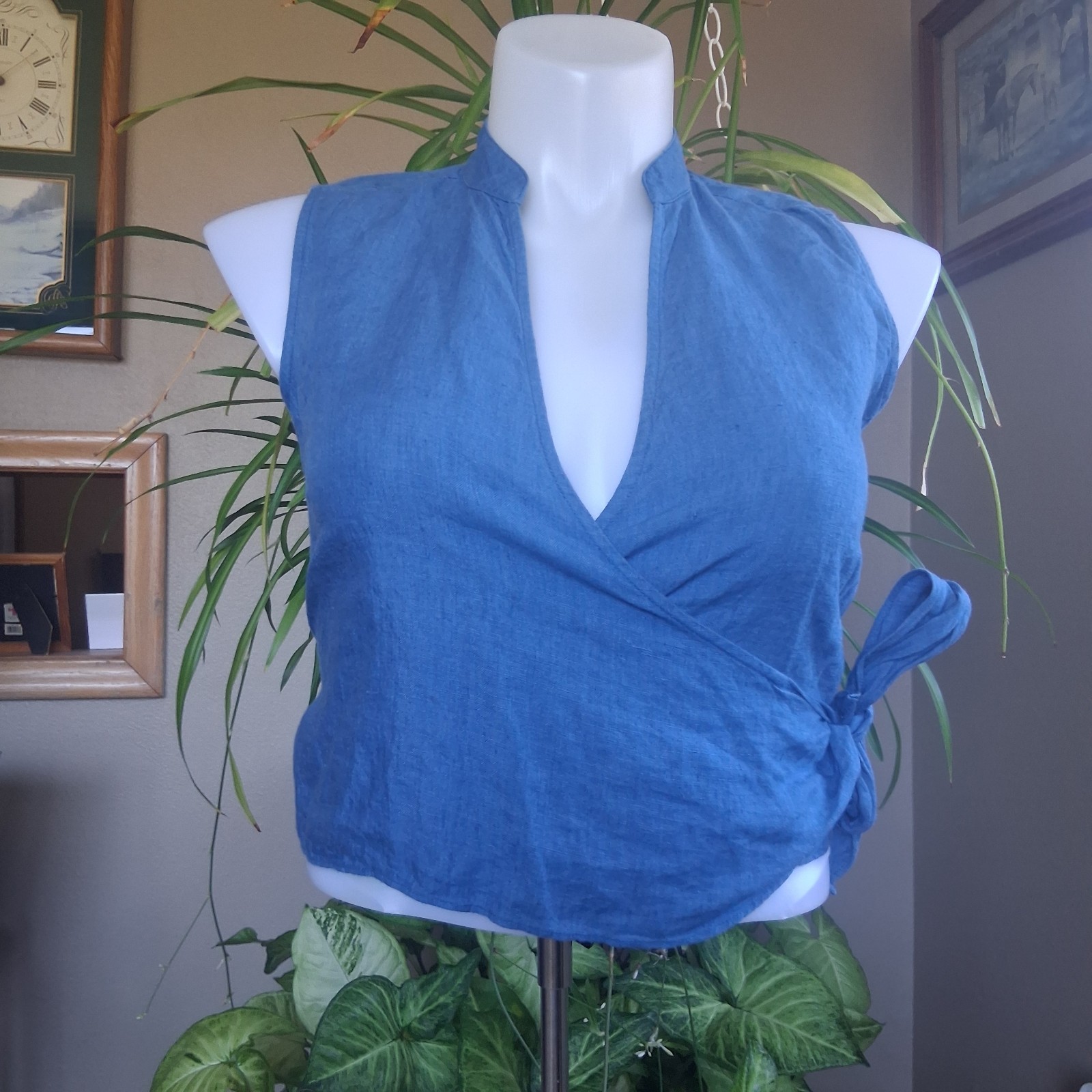 Vintage 2Pc 100% Linen Wrap Top Cardigan Set NWT Blue 8P European Summer Coastal