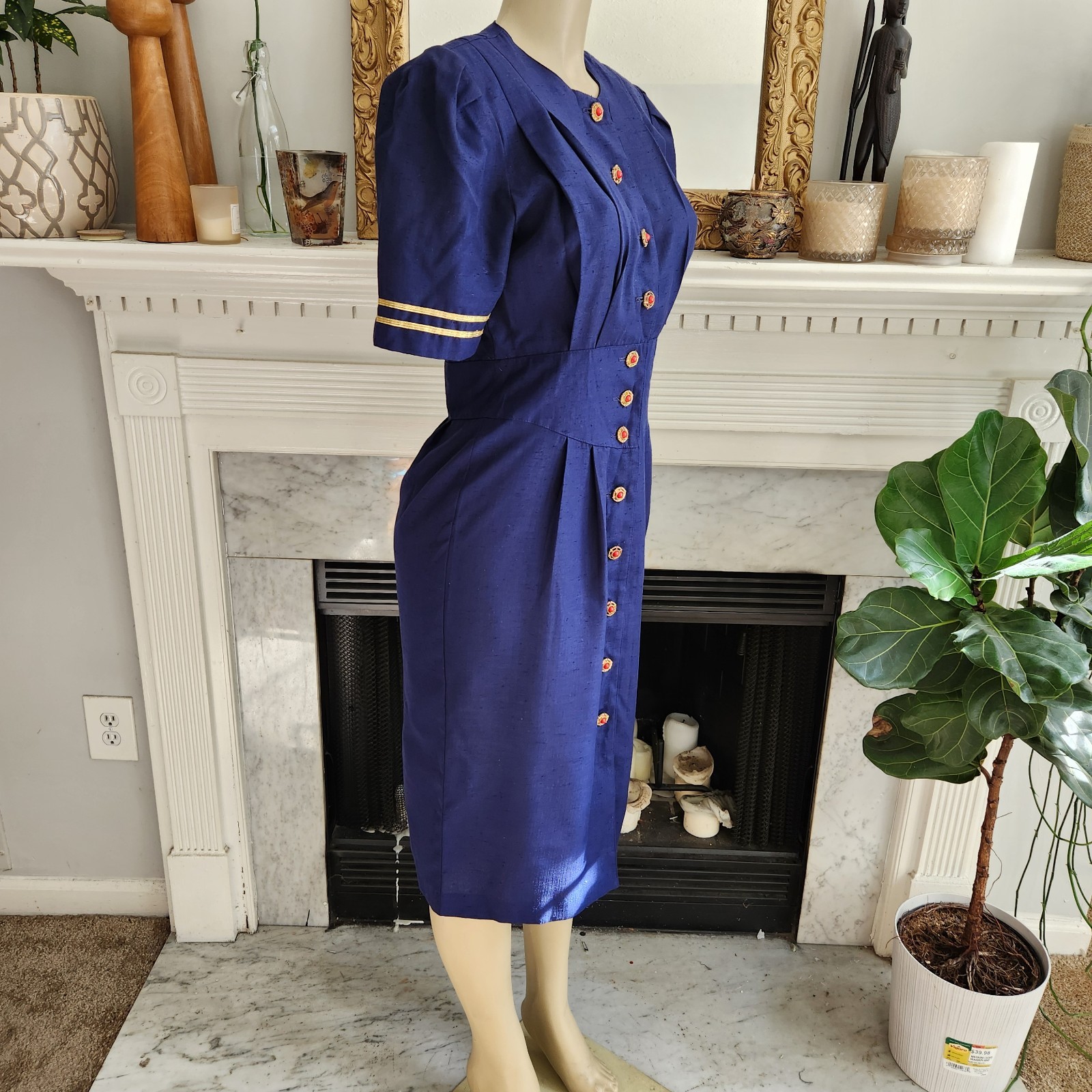 Vintage 80s Blue Midi Pencil Dress Military Nautical Office Pleated Size 6