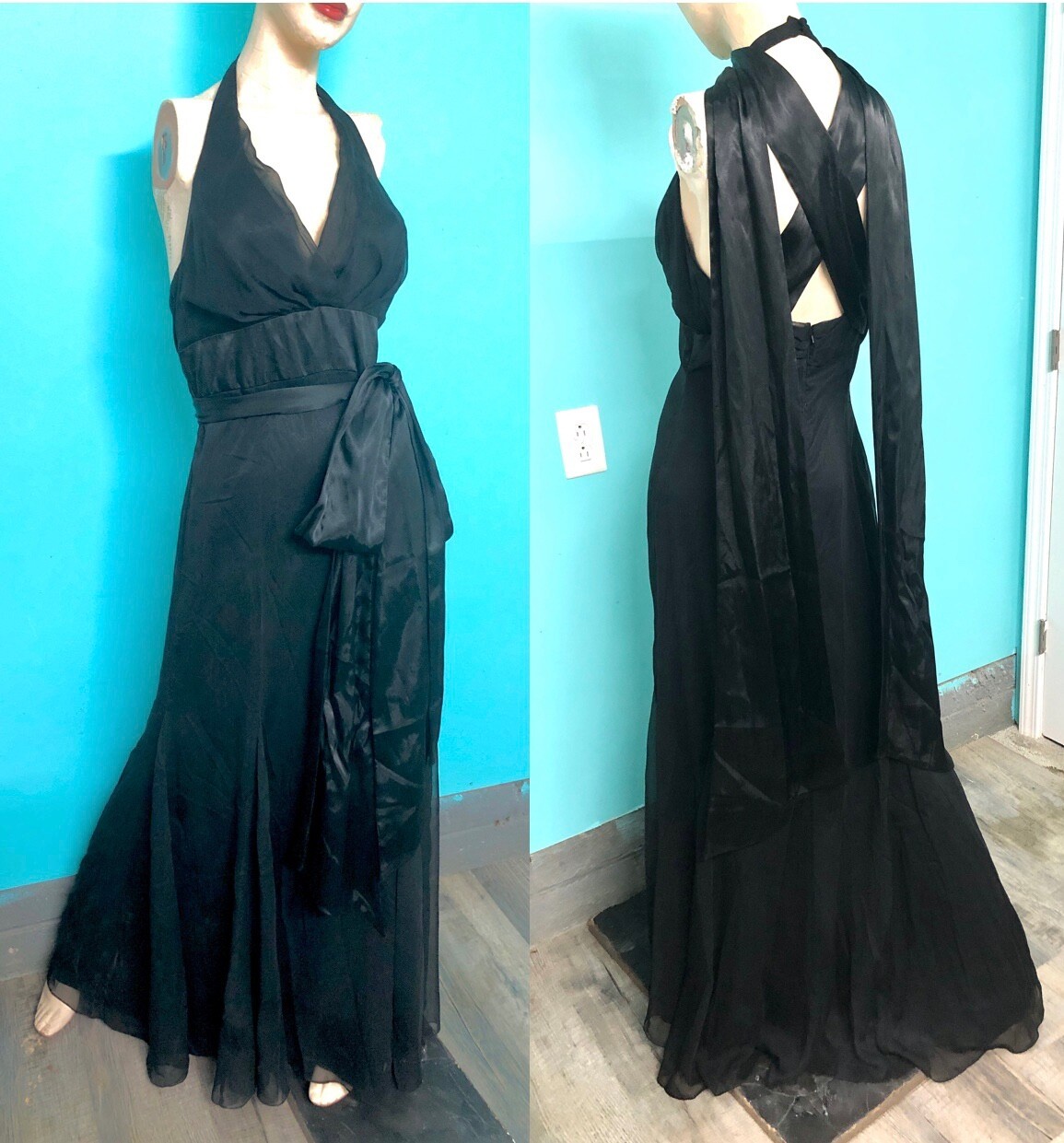 VTG Y2K WATTERS/WATTERS Black Halter Chiffon Satin Mermaid Evening Formal Gown~8