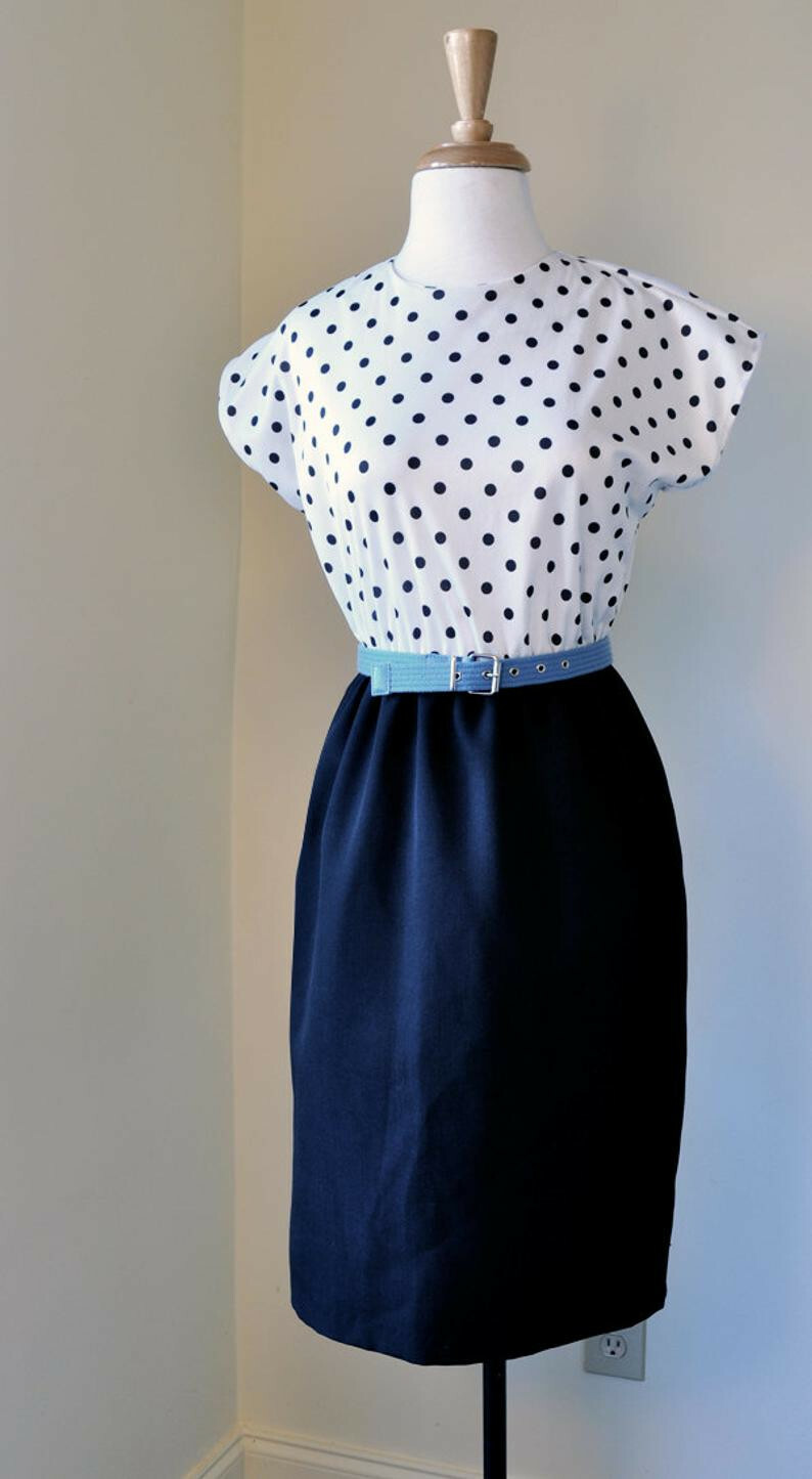 1980’s Black and White Polka Dot Dress with Blue Belt