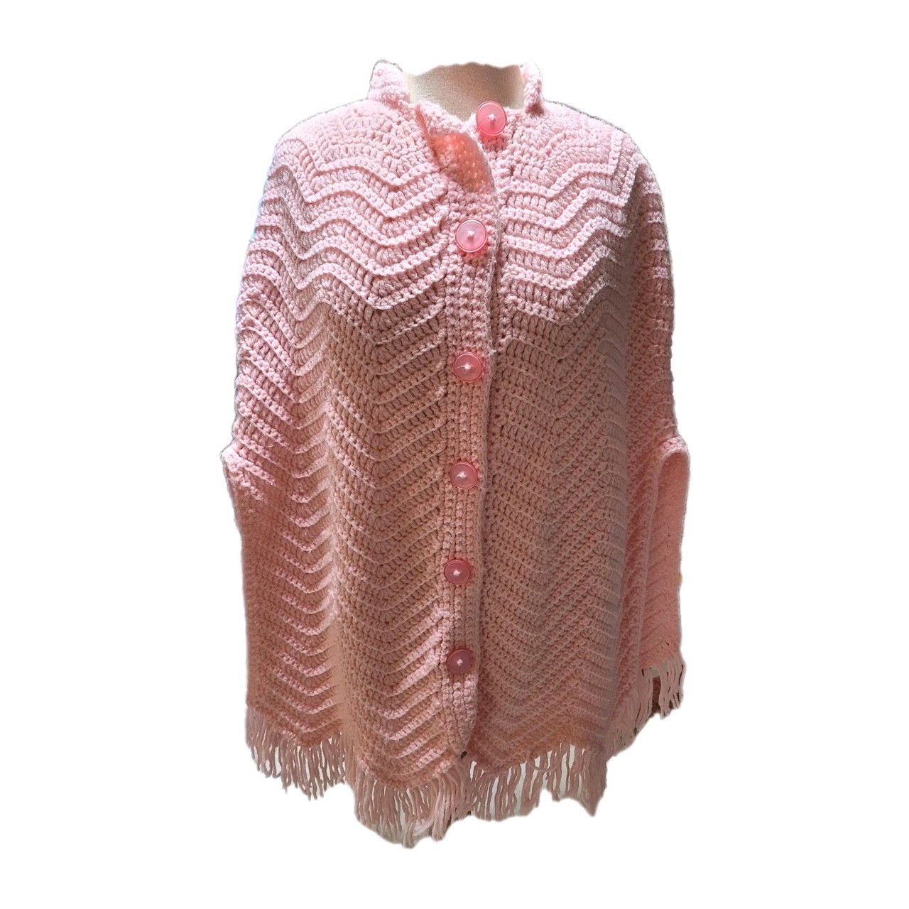 Pink Crochet Cape W/Fringe Button Front Handmade Vtg OSFM Cottage Core