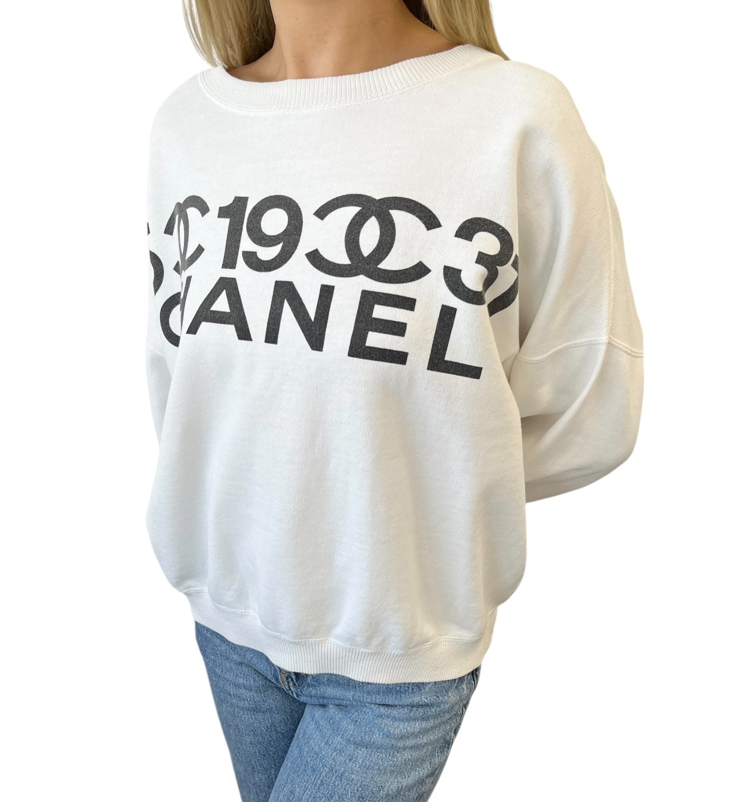 CHANEL Vintage CC Logo Sweatshirt Top White Black Cotton Long Sleeve 901974