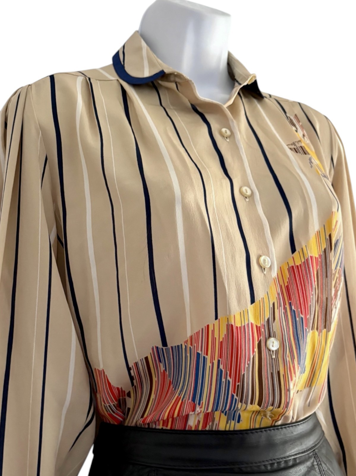 Serge Nancel Paris Vintage 100% Silk Smocked Blouse Tan Peter Pan Collar Sz M/L