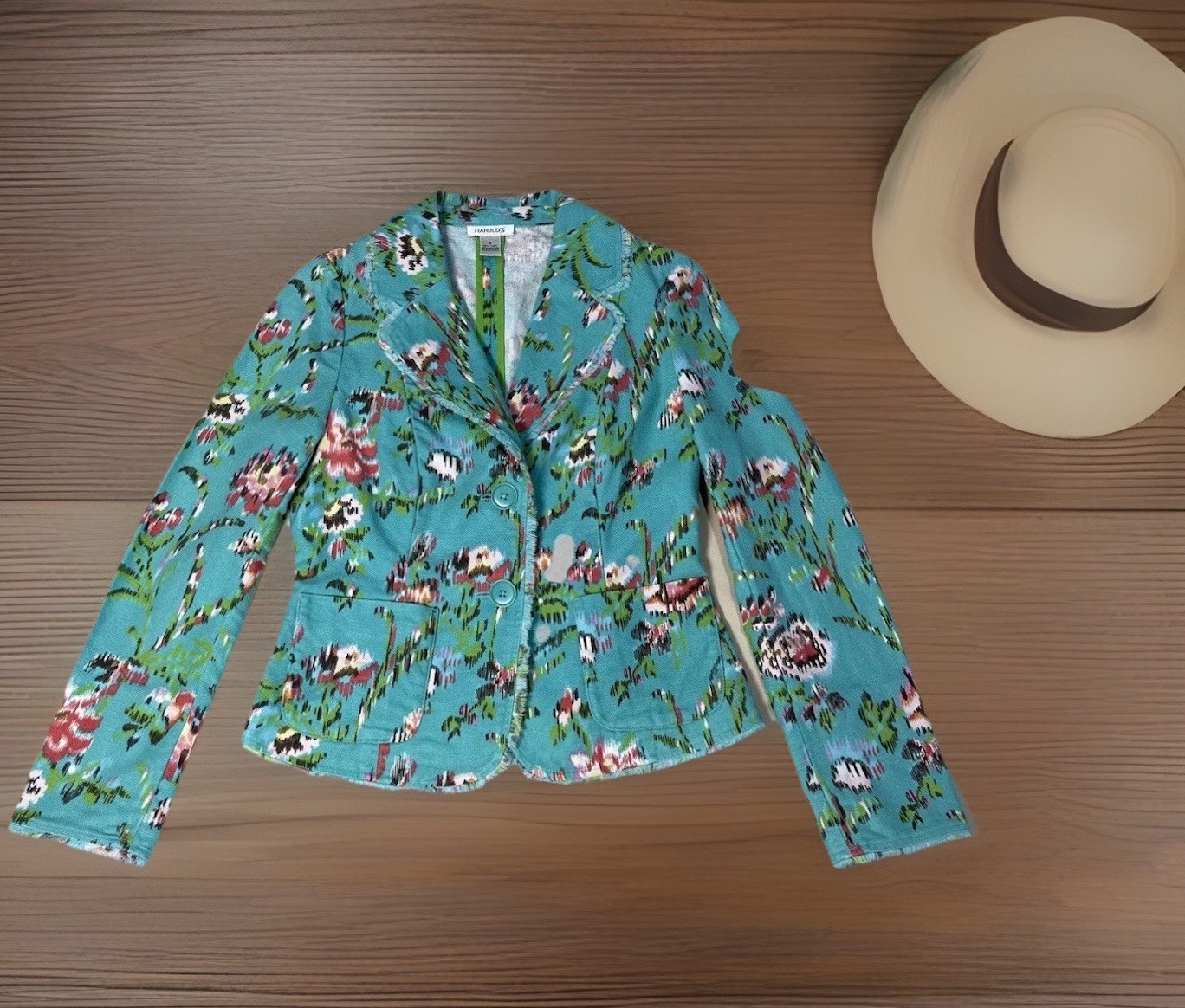 Harolds S~2 Jacket Green Floral BOHO Hippie Button Front Linen Blend Pink Flower