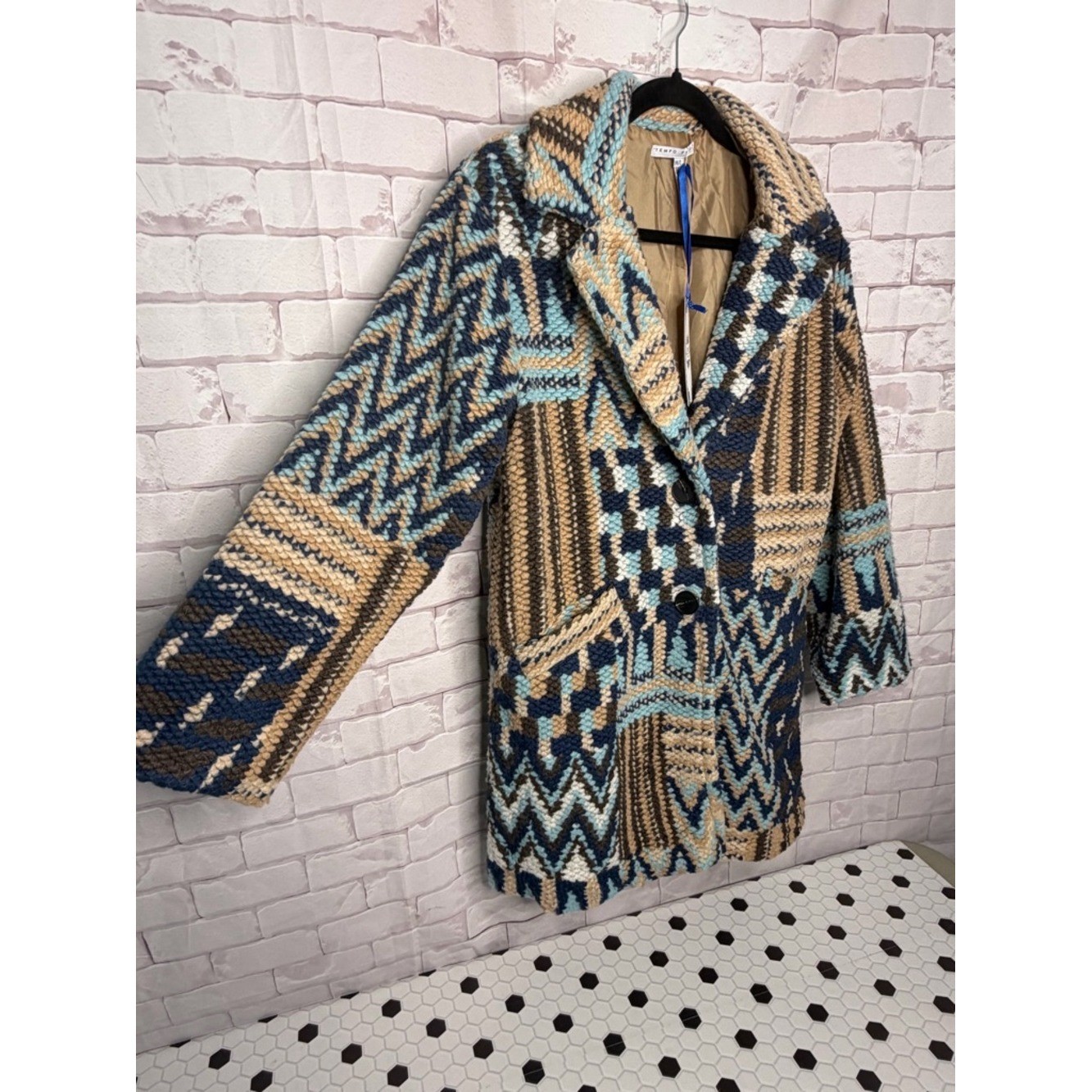 Tempo Paris Chunky Knit Patchwork Coat Neutral Blue Boho Aztec Jacket Sz Med/Lg