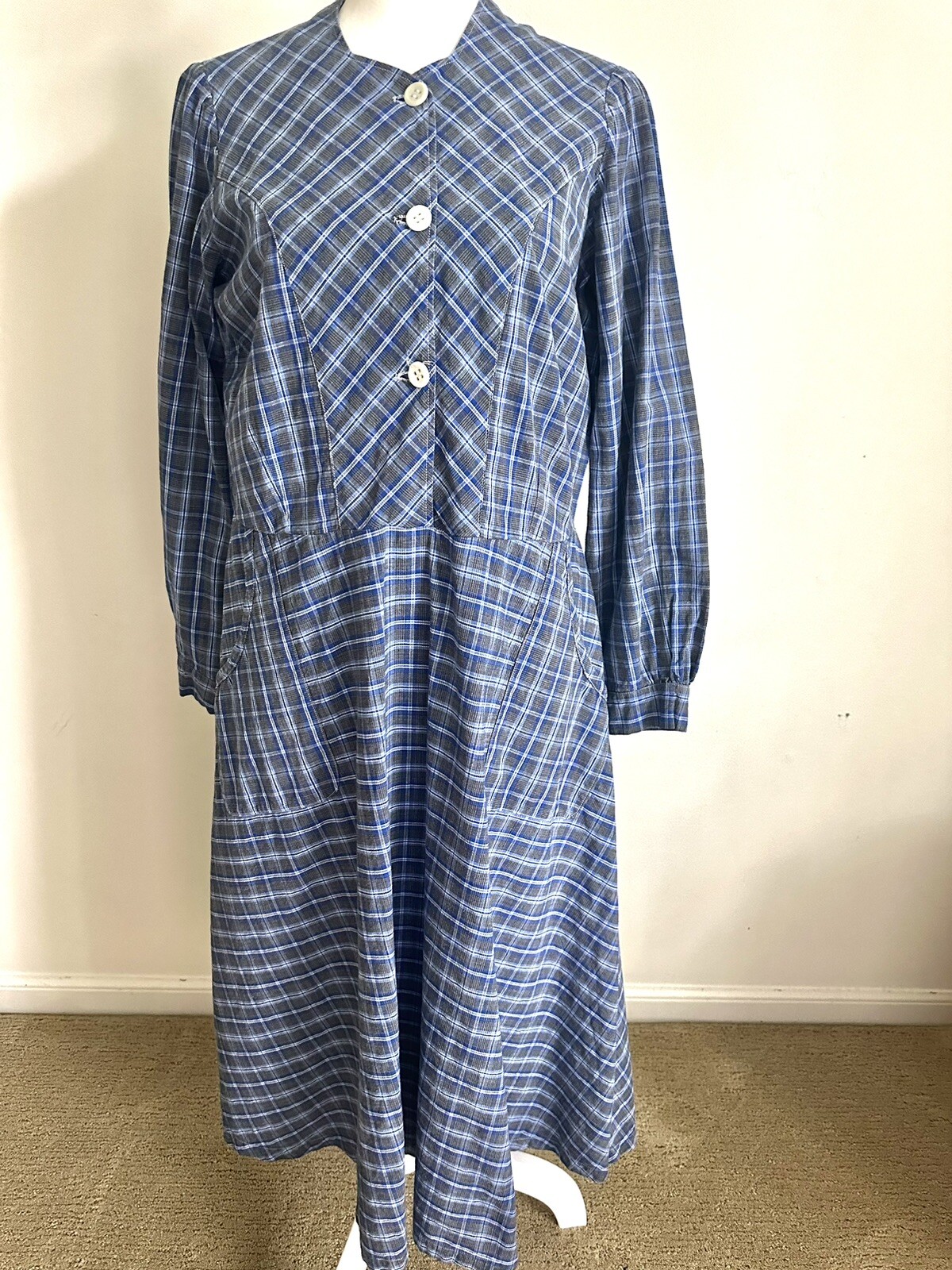 Vintage Handmade Prairie Dress Modest Homespun Blue Plaid Cotton Midi S/M