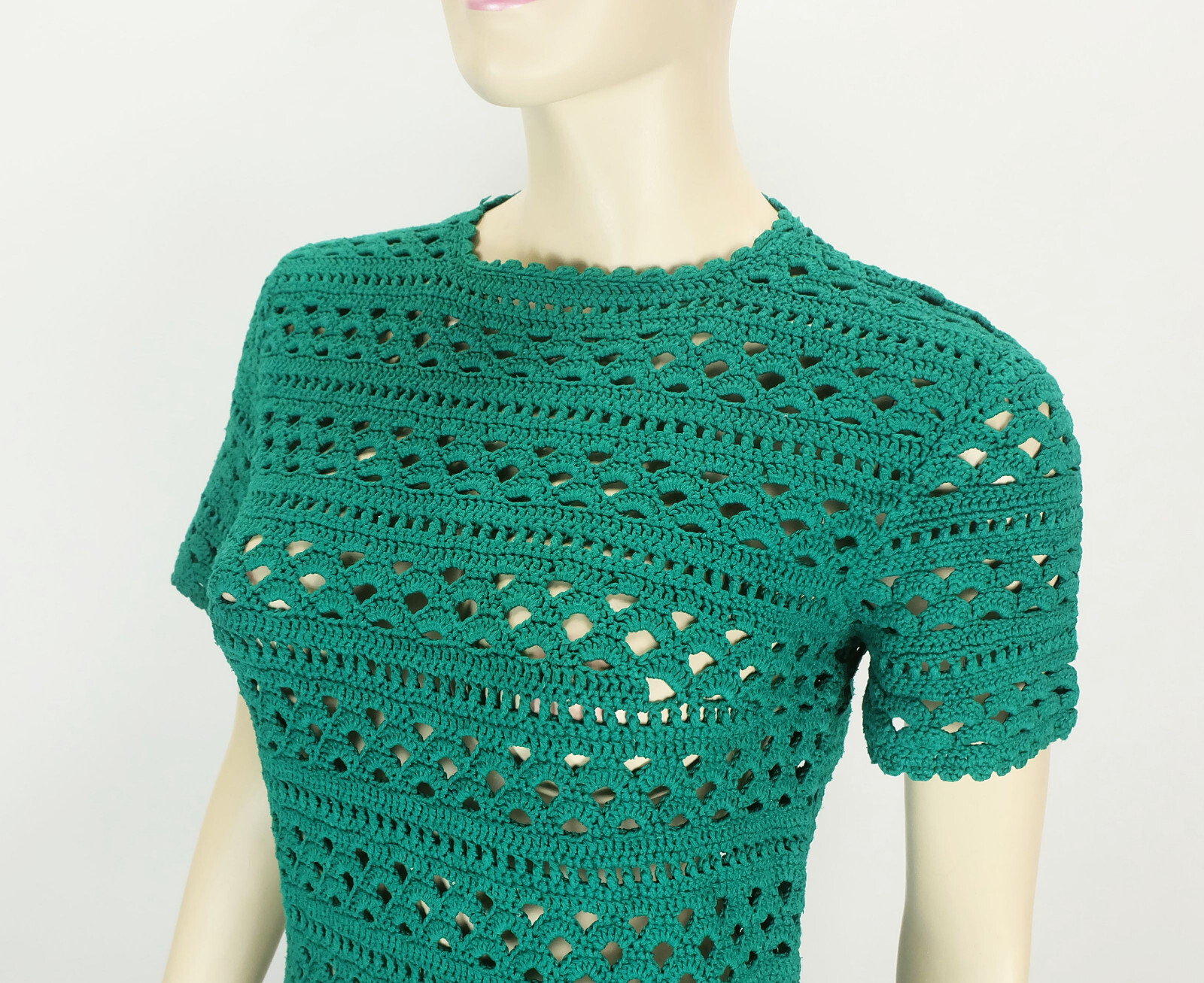 Original 1960s True Vintage Green Crochet Dress Hand Crochet Size M Cotton