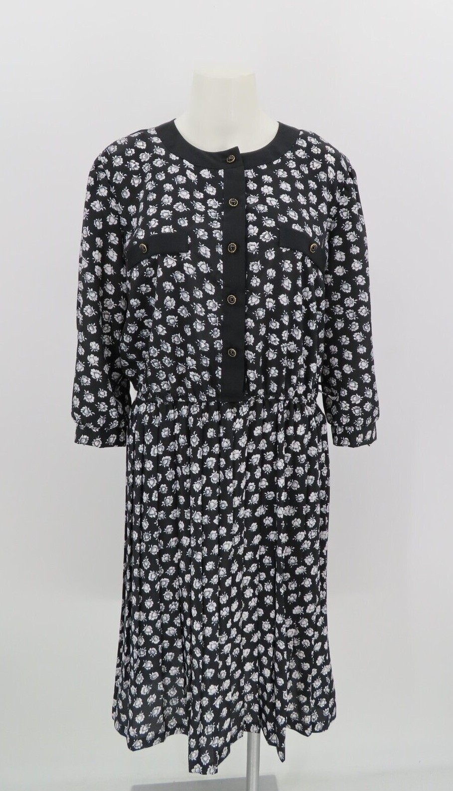 VTG 80s Breli 3/4 Sleeve Black White Floral Midi Dress Made in USA Gold Buttons