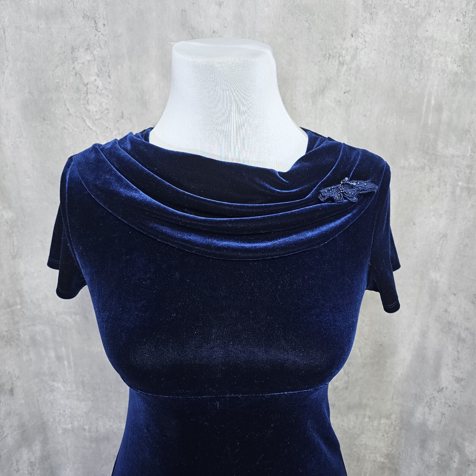 Vintage 90s Amy Byer California M/L Dark Blue Velvet Cowl Neck S/S Dress