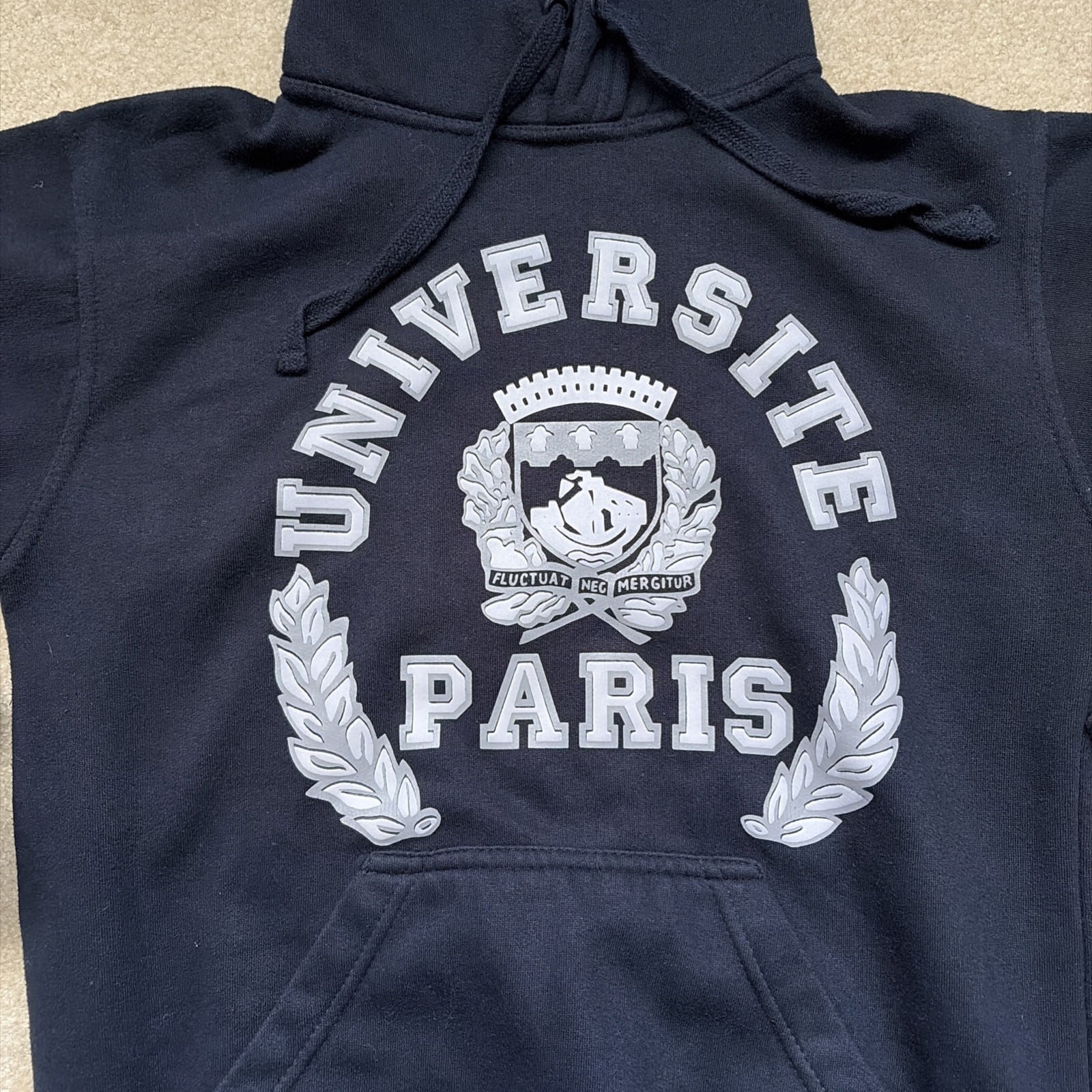 Vintage 90s UNIVERSITY of PARIS HOODIE,SMALL.navy Blue