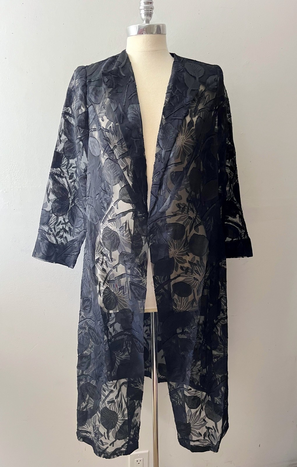 Vintage 90s Sheer Black Floral Silk Organza Duster Jacket Indie Sleaze M/L