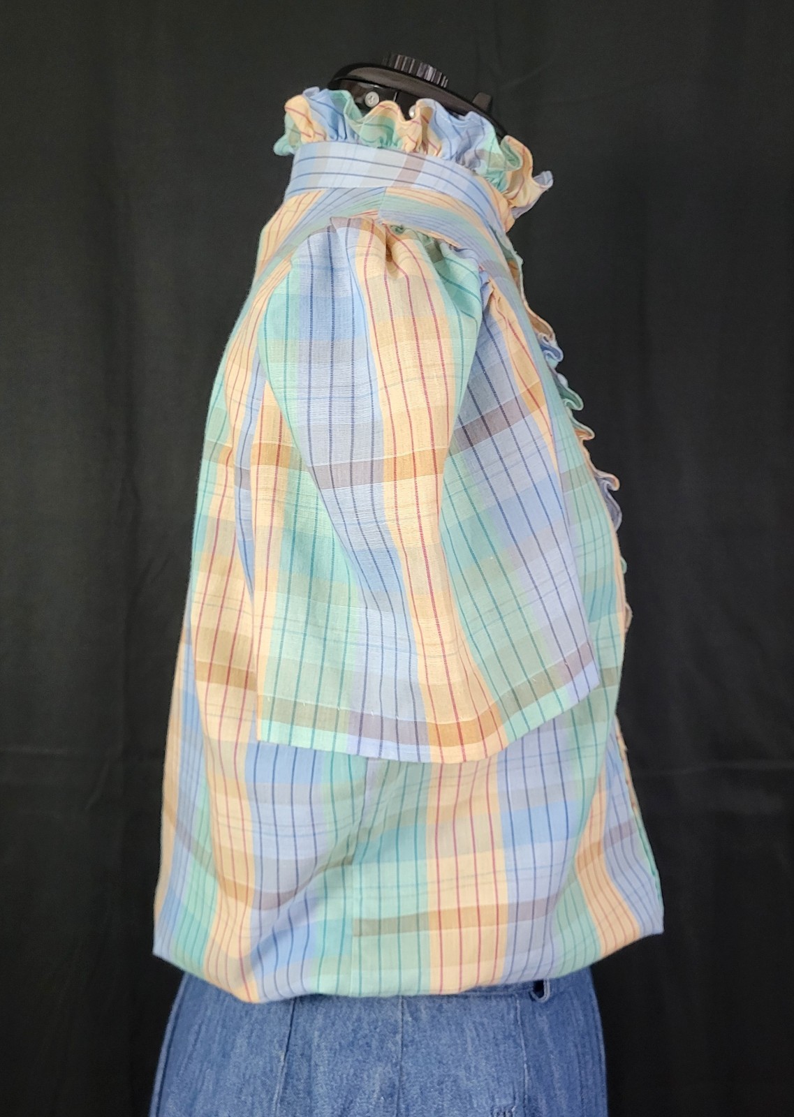 Vtg Lucky Winner Peach/Mint/Blue Plaid Top w Ruffled Collar Size 11/12
