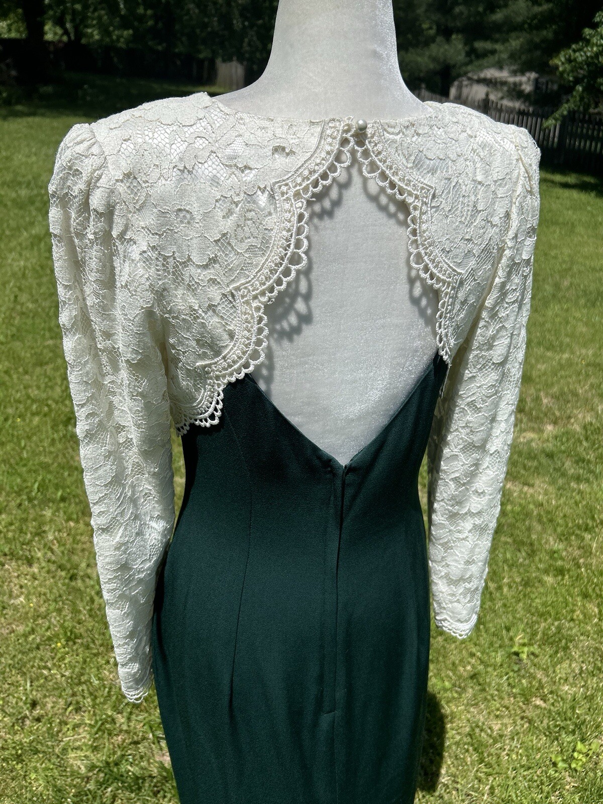 Vintage 90s Scott McClintock Ivory Lace Hunter Green Long Dress Cutout Back S M
