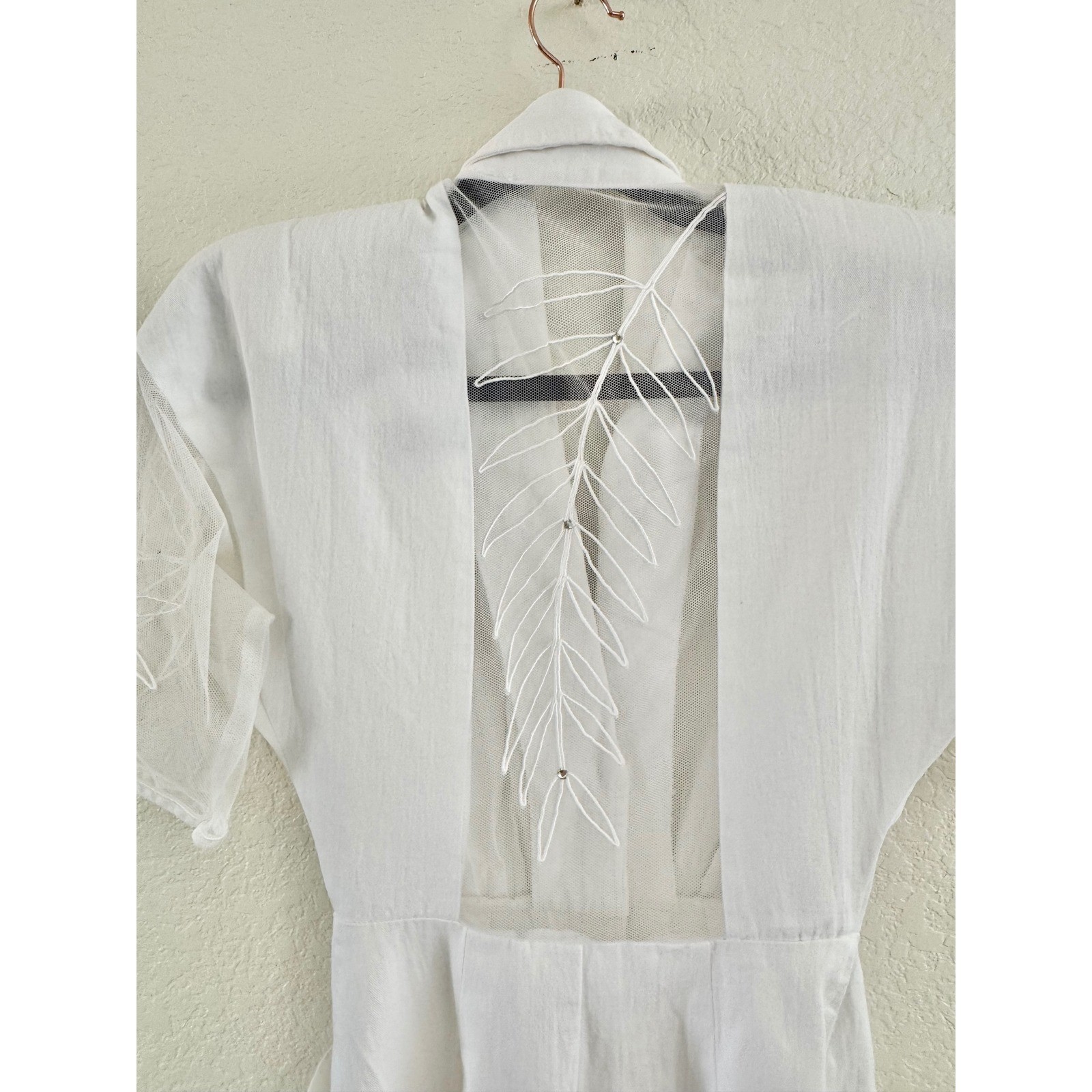 Vintage Linen Midi Dress Womens S White Mesh Embroidered Leaf Button Front