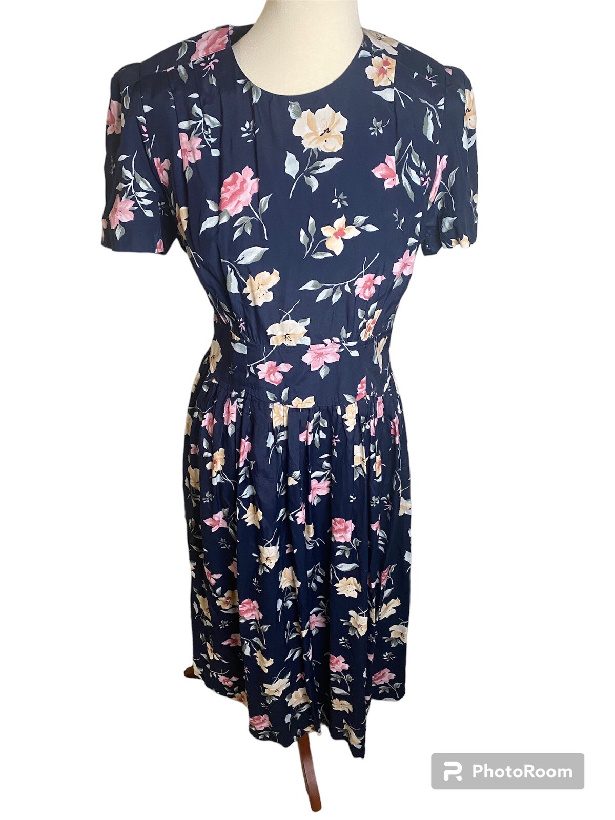 Vintage 80s Black Floral Dress With Back Zipper Closure And Back Buttons.