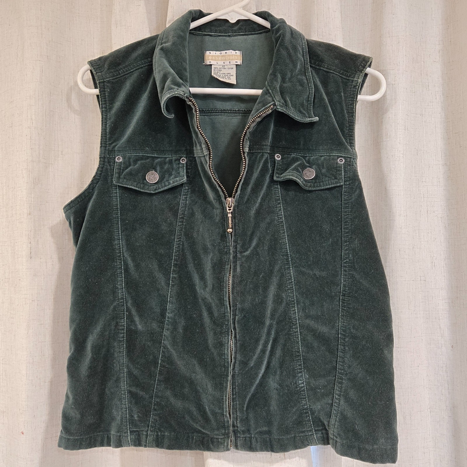 Vtg Sigrid Olsen Green Velvet Moto Zip up Vest Sz 10/M Boho Indie Dark Fairy