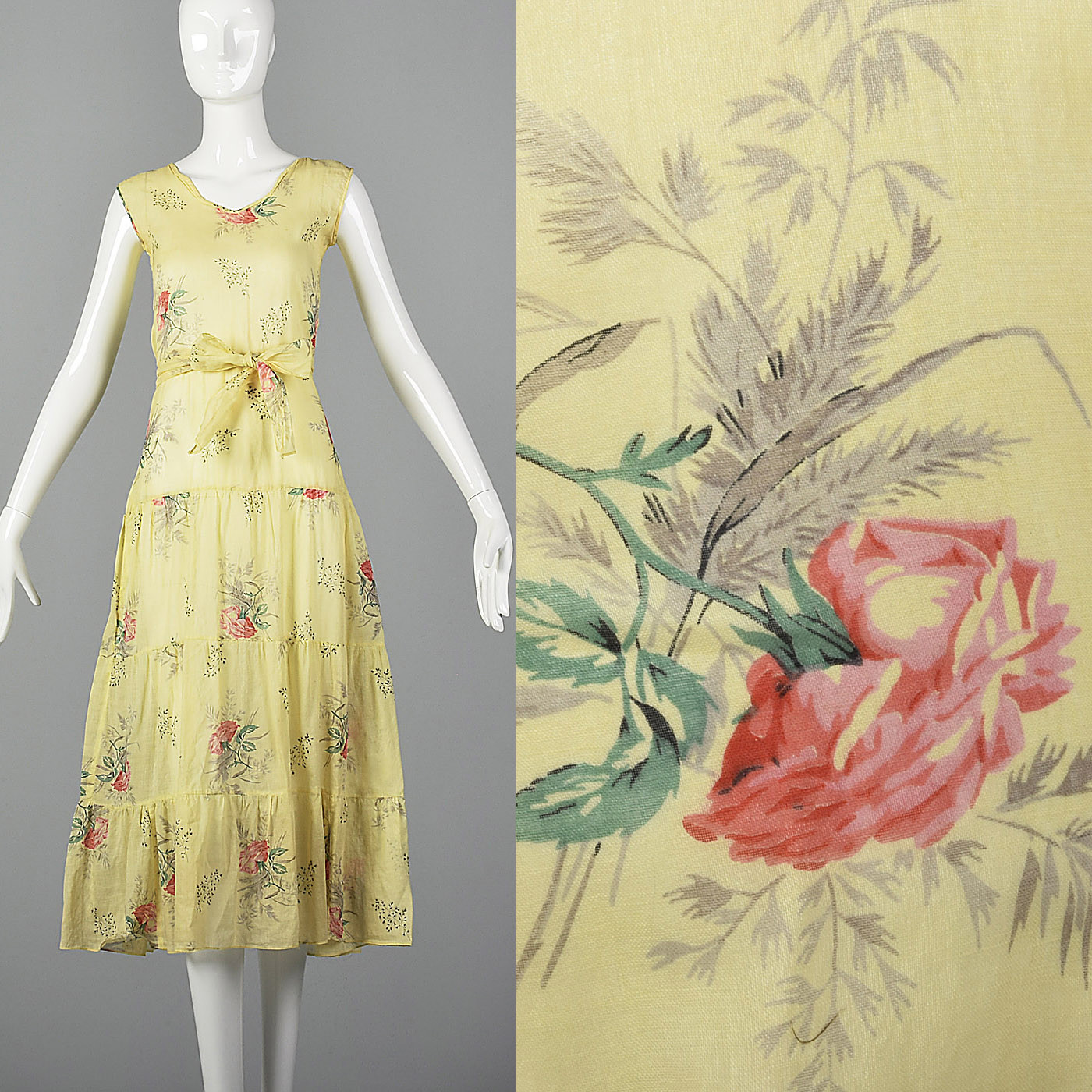 XXS 1930s Dress Sheer Yellow Day Dress Large Rose Print 30s Vintage Day Wear