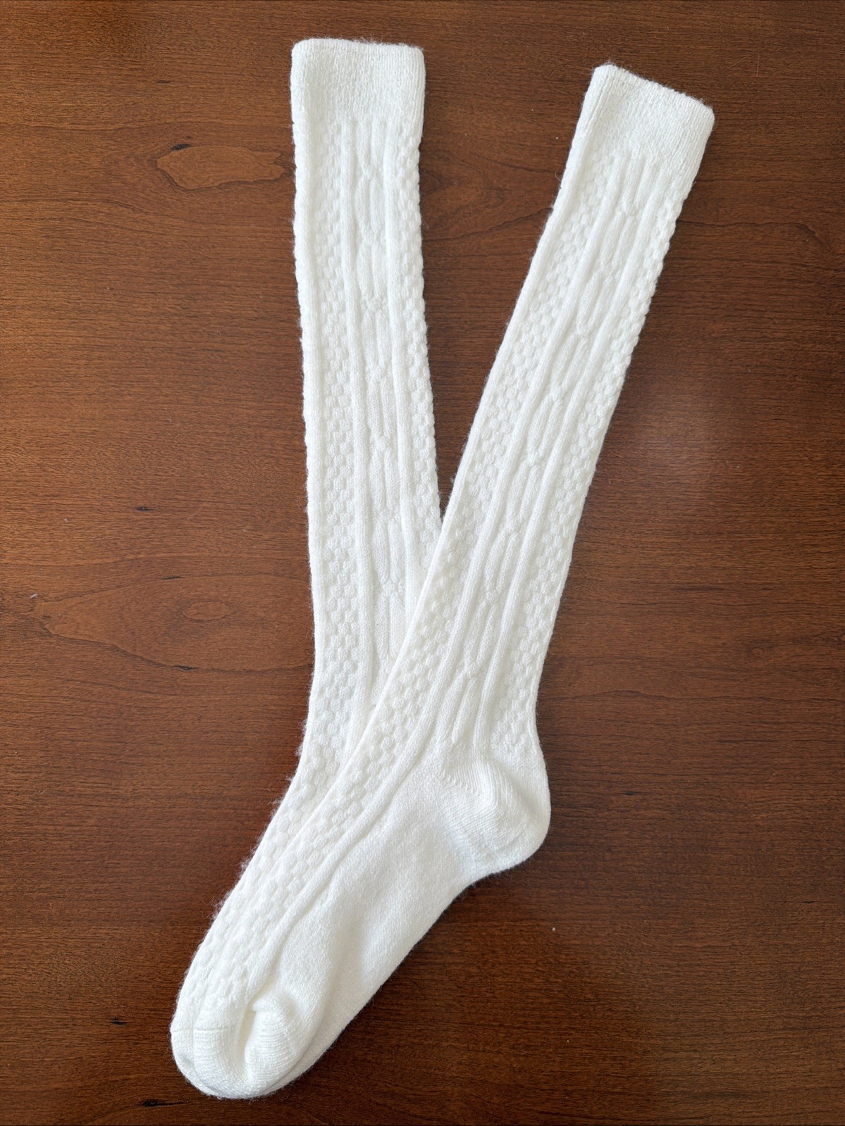 VTG Socks Hosiery 80’s Cable Knit NOS 7-9 20″ USA Stocking School Girl White.