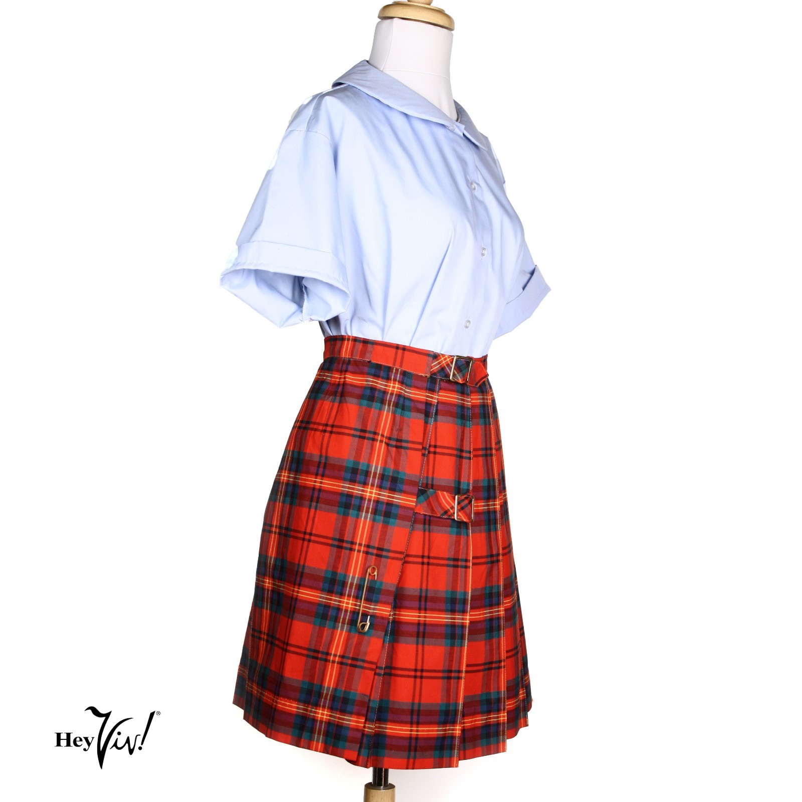 Vintage Red Plaid Pleated Short Mini Skirt w Buckles Size S W25 L19.5 – Hey Viv