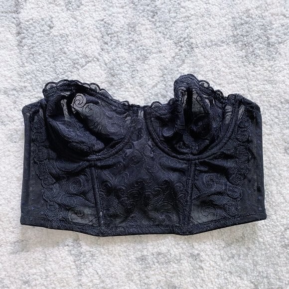 Vintage Sheer Black Lace Corset Bustier Crop Top Small