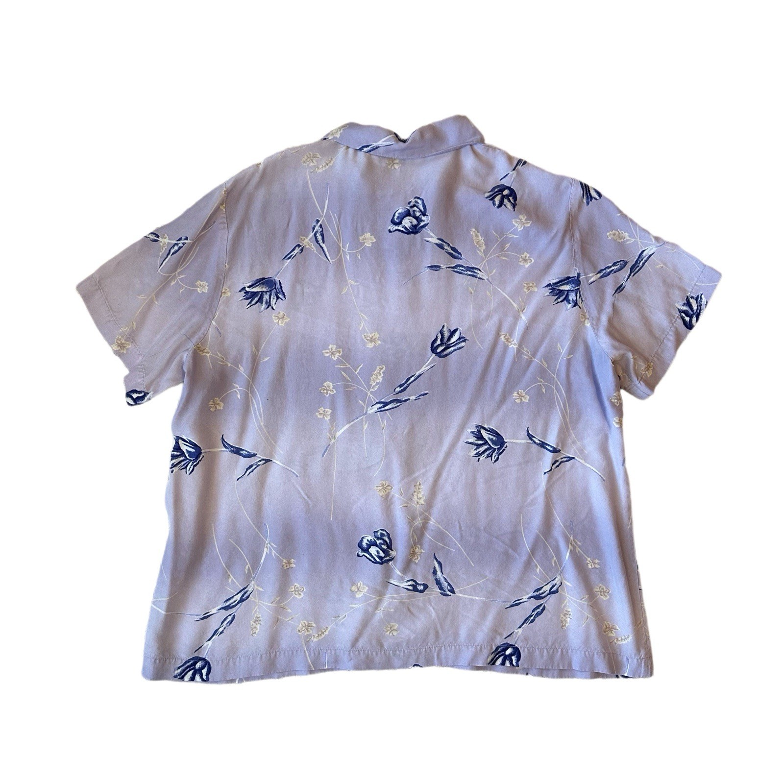 Vintage Handmade Rayon Floral Purple Pastel Women M/L Buttonup Top Short Sleeve