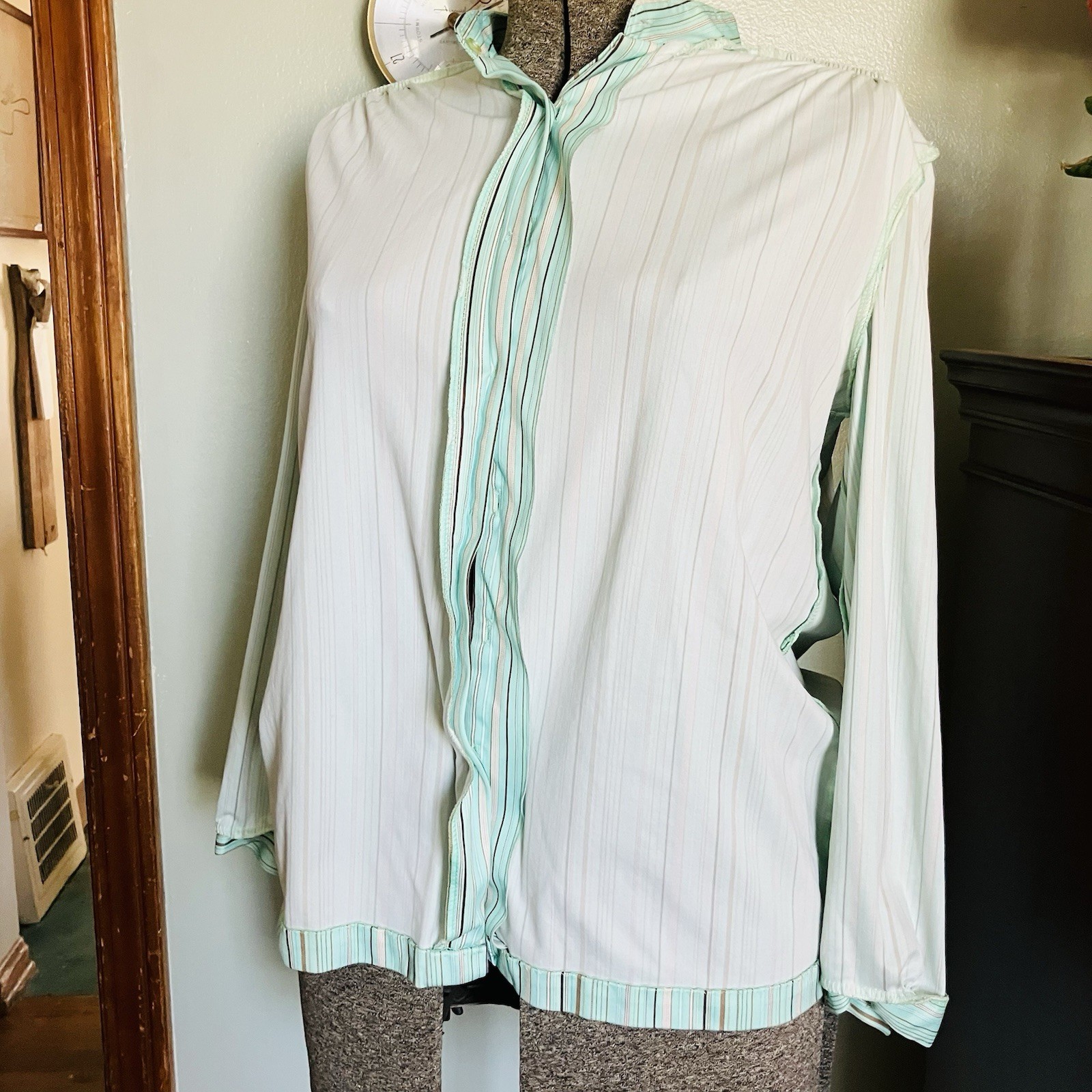 Vtg Shirt 70s Polyester Top Collar Spring Pastel Stripes Pink Aqua Brown M/L