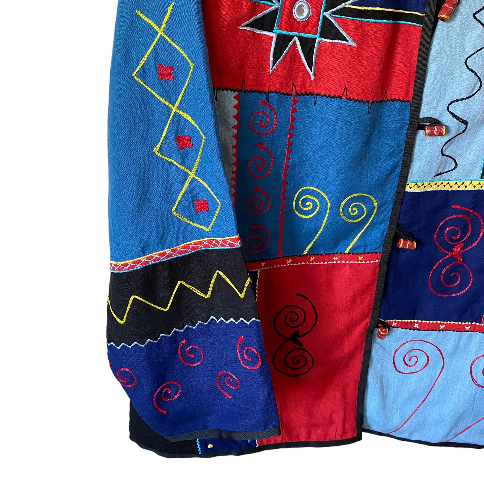 Vintage Indigo Moon Embroidered Patchwork Jacket Art to Wear Retro Abstract Boho