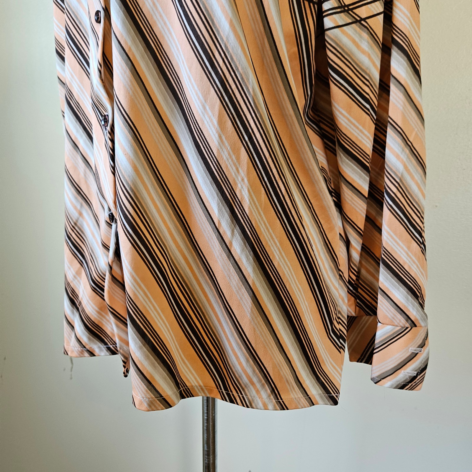 Vintage 70s Brown Peach Gray Stripe Plaid Polyester Disco Dagger Collar Shirt L