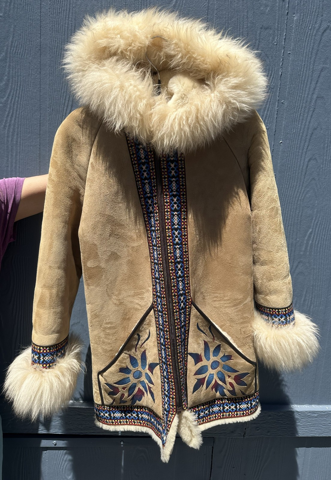 Vintage Cyn Baa Womens Lamb Skin Shearling Coat Parka Penny Lane painted floral