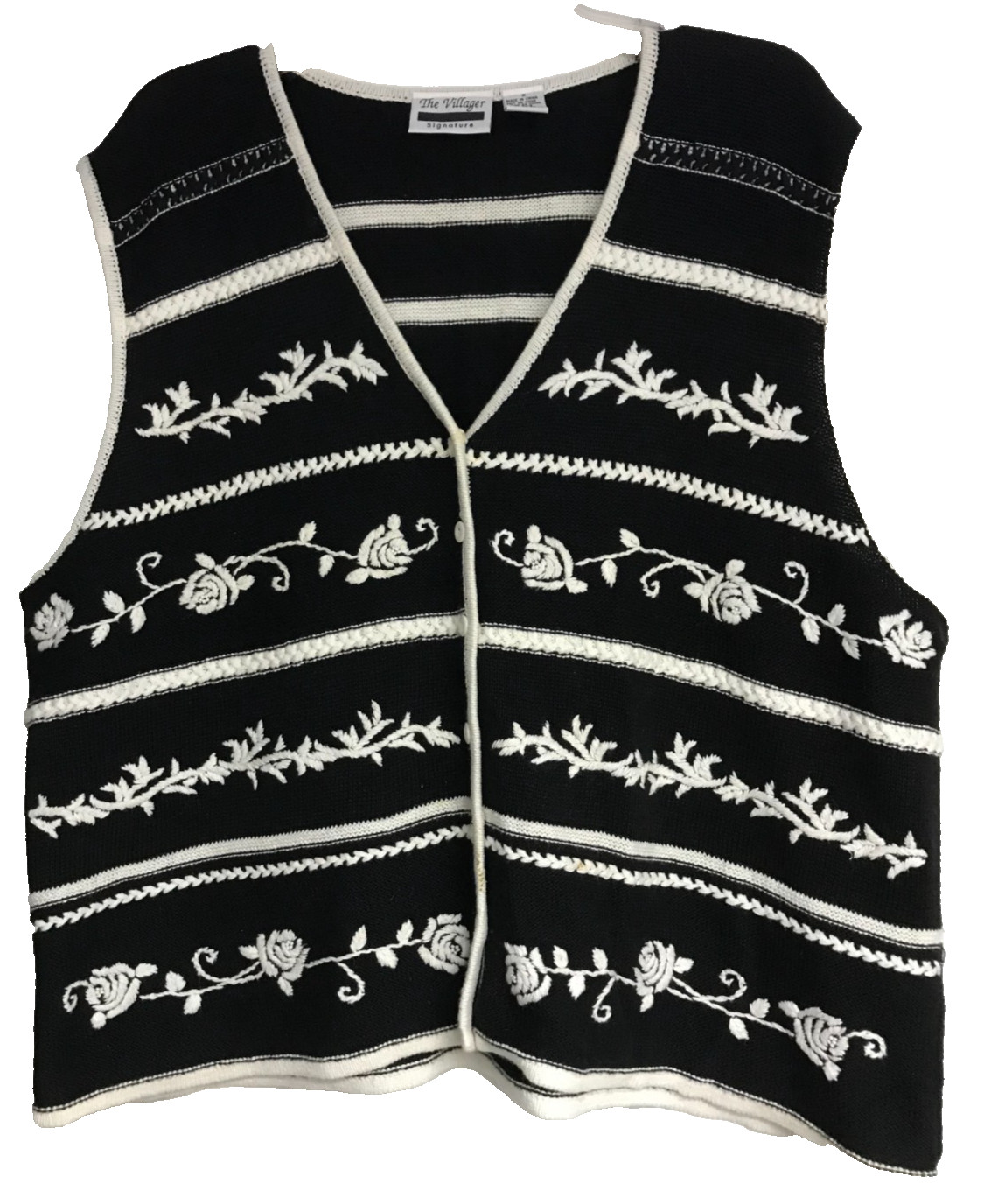 The Villager Signature Sweater Vest Black White Women’s 2X Beaded Embroidered