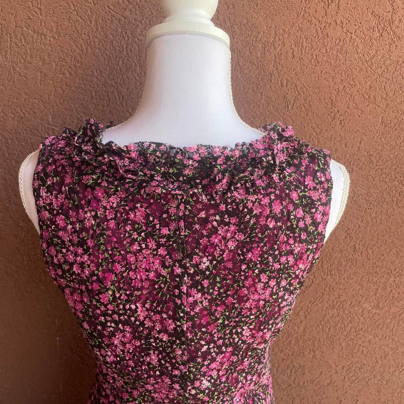 La-belle Pink & Black Floral Midi Dress with Pink Underslip and Deep V Neck