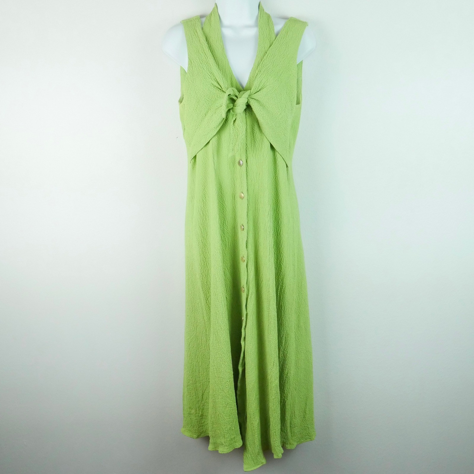Vintage Gantos Lime Green Crinkle Crepe Tie Front Button Midi Dress 90s 14 Glam