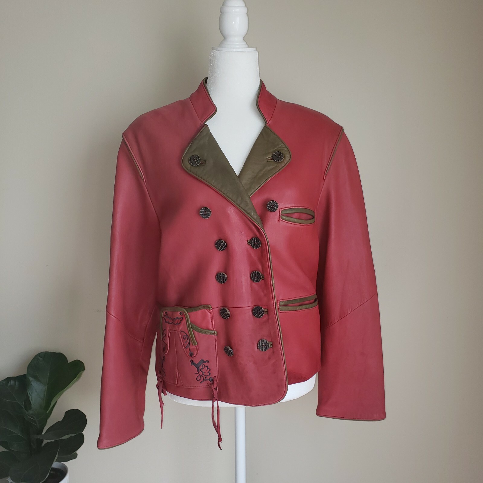 Vintage 80s Original Leather Sound LS Red Leather Jacket Green Accents Sz 38